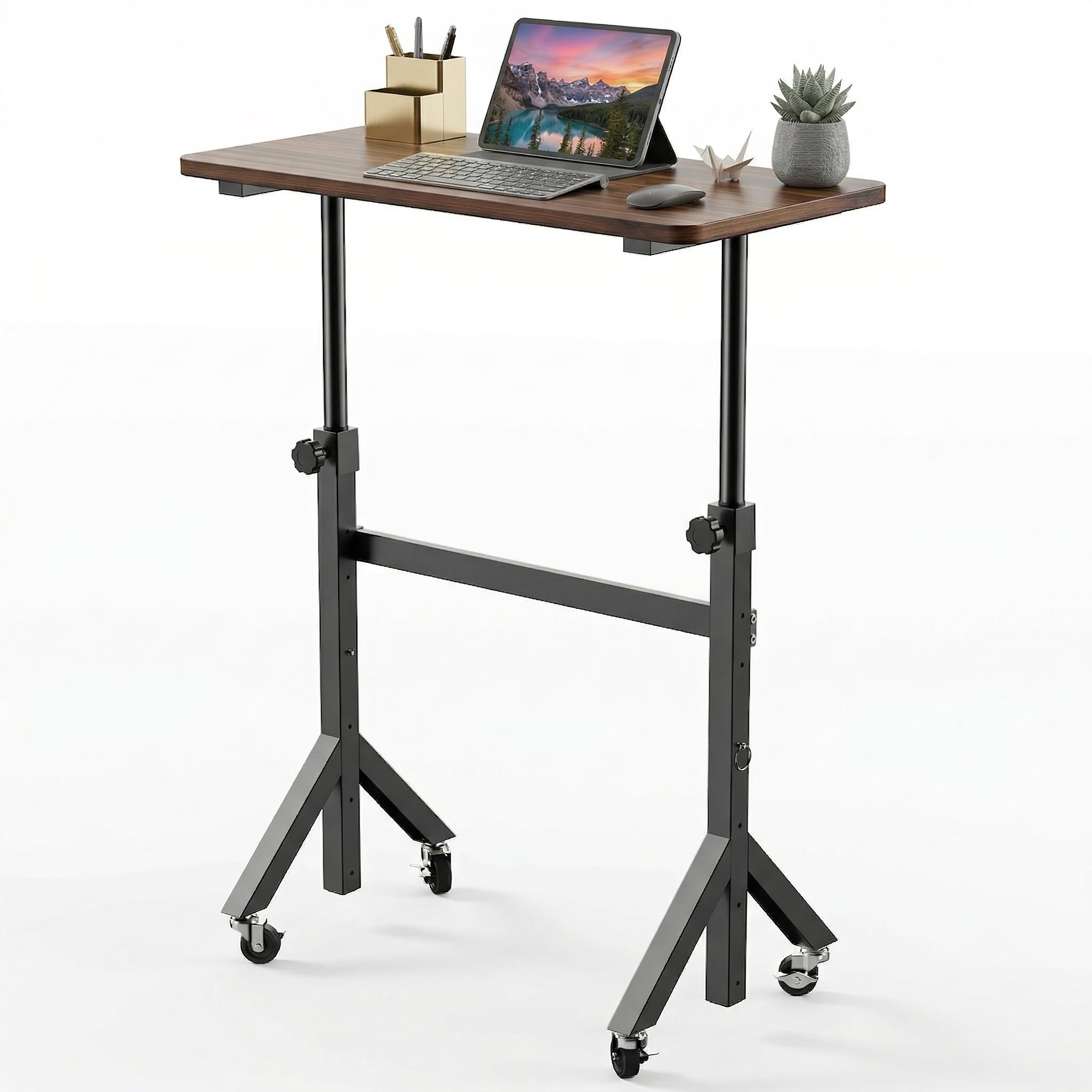 HUANUO 32'' Small Standing Desk Adjustable Heigh, Mobile Stand Up Desk with Wheels, Portable Rolling Desks for Walking P