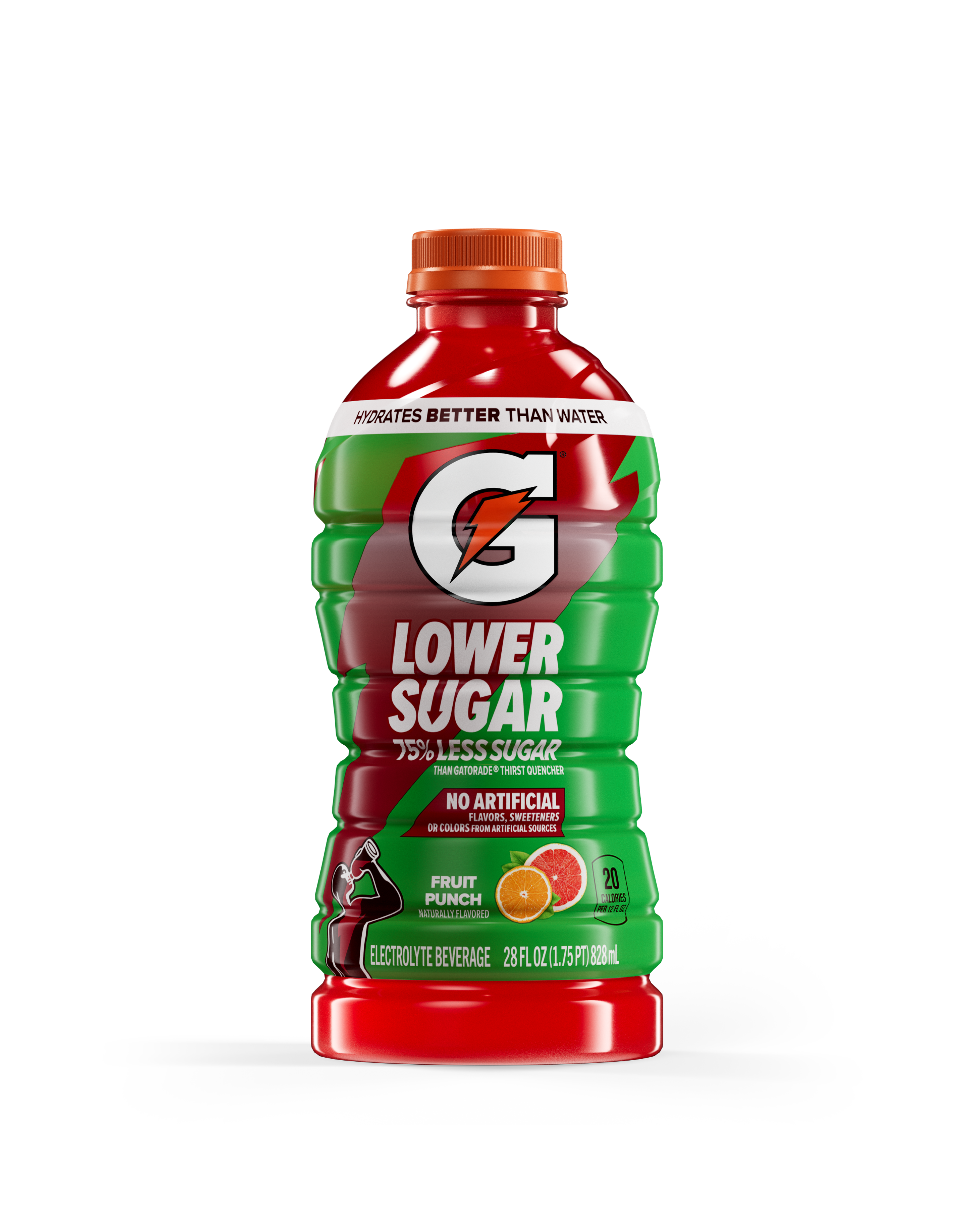 Gatorade Lower Sugar, No Artificials Fruit Punch Flavored Electrolyte Sports Drink, 28 fl oz, 75% Less Sugar, Hydration